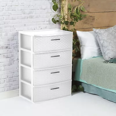Wide Weave Tower Organize Chest Of Drawers Bedroom 4 Drawer Storage Cabinet Home • $56.02