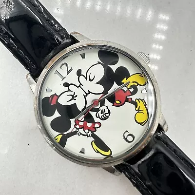 Disney  Mickey Minnie Mouse Kissing Watch Leather Band - NEW BATTERY • $16.99