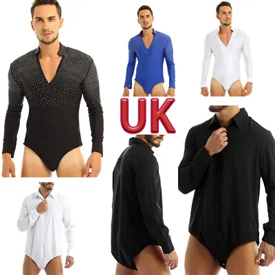 UK Men's Bodysuit Rhinestone Leotard Long Sleeve Ballroom Latin Dance Shirt Sexy • £29.29