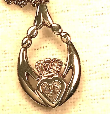 Irish Claddagh Sterling Silver 925 Necklace W CZ Heart 8.5 Drop READ • $25.99