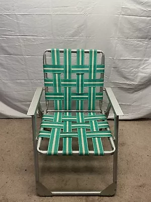 Vintage Aluminum Folding Lawn Chair  Vinyl Webbed Patio Green • $28