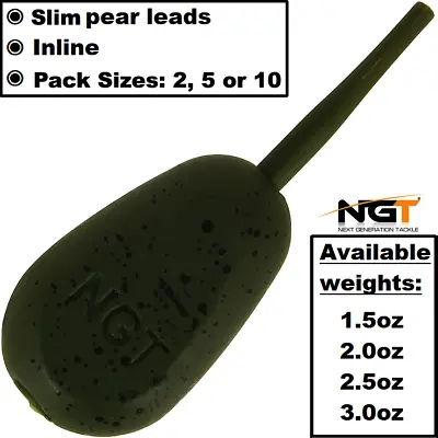 NGT INLINE Slim-Pear Leads Weights Carp Fishing 1.5 2.0 2.5 3oz - ALL SIZES • £12.49