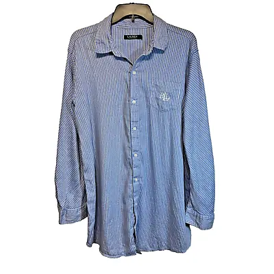 Lauren Ralph Lauren Blue Pin Striped Shirt Dress Large Button Up Monogram Pocket • $28.75