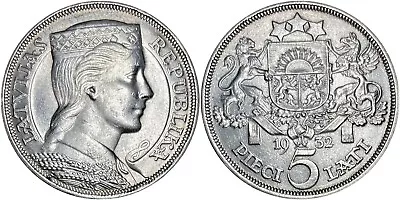 1932 Latvia 5 Lati Silver Uncirculated Crown KM# 9 • $52