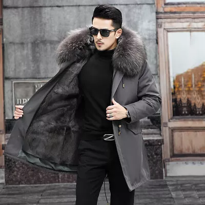 100% Real Mink Fur Lining Overcoat Mens Genuine Fox Fur Hooded Parka Warm Jacket • $194.16