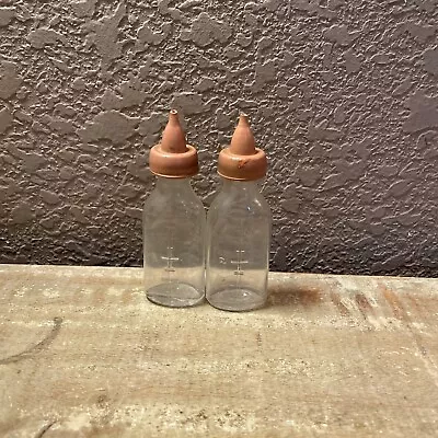 Vintage Pair Of  Miniature Baby Doll Bottles4  Glass Bottles Rubber Nipples • $19.90