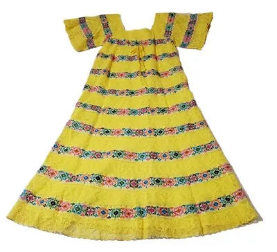 Vintage 70s Mexican Wedding Dress Embroidered Lace Crocheted Lace Dress Yellow • $149