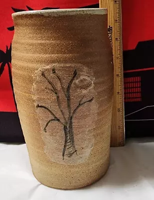 Vintage Studio Art Pottery Vase With Tree Rustic Art  SIGNED Double Sided  • $13.99