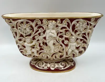 Capodimonte Oblong Vase Centrepiece Red Gold Cherubs 3204 Vintage T2160 C3624 • £19.99