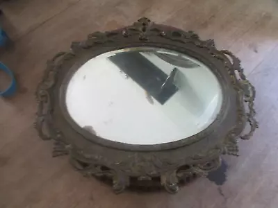 Ornate Framed Mirror Tooled Brass Beveled 17  X 15  Overall Size Vintage Antique • $89.99