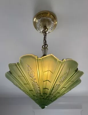 ANTIQUE ART DECO CEILING CHANDELIER GLASS SLIP SHADE CONSOLIDATED C. Mid. 20’s • $1099