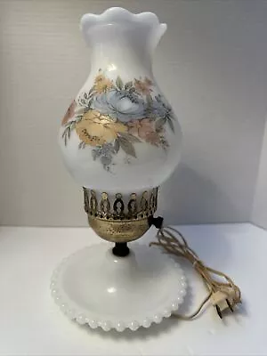 Vintage Milk Glass Night Stand Lamp Hurricane Shade W/Blue Flowers • $20