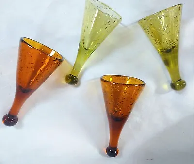 4 Vintage Green & Amber Bubble Glass Ball Based Cocktail/Shot Glasses. • £20