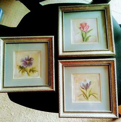 $29.99 • Buy Set Of 3 Floral Prints Carol Robinson Pewter-color Frames Glass 8 5/8  Square