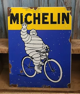 Michelin Tires Tire Man Mascot Bibendum On Bicycle Porcelain Metal Enamel Sign • $34