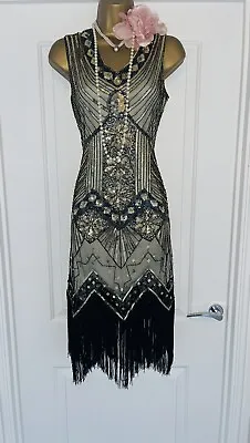 £11.50 • Buy Vintage Style  1920s Beaded Charleston Flapper Gatsby Fringe Dress Size 8/10