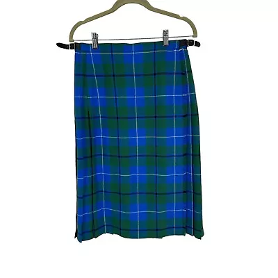 Vintage Scottish Clanwear Womens Blue Plaid Pure Wool Tartan Kilt Skirt Size 42 • $75