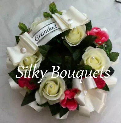 Artificial Silk Funeral Flower Wreath Ring Tribute Memorial Open Rose Mum Dad • £22