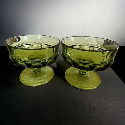 Vintage Indiana Glass Green Avocado Kings Crown Thumb Print Dessert Sherbets • $9.99