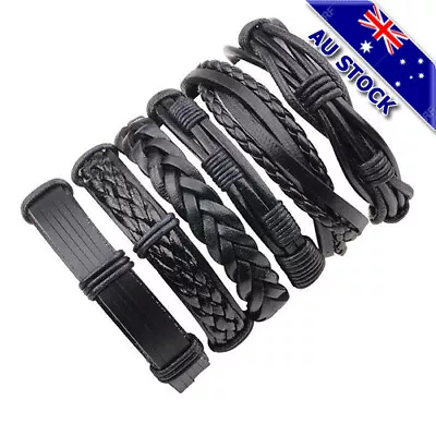 Vintage 6Pcs Men Black Weave Leather Bracelet Wrap Wristband Bangle Set Gift • $15.97