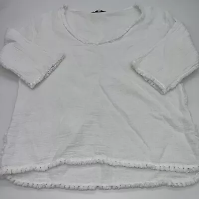 Tempo Paris White Fringe Short Sleeve Top 100% Linen Size Small Made In Italy • $29.97