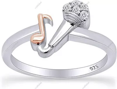 Mic & Music Note Two Tone Ring Round Diamond Accents In 925 Sterling Silver • $73.59