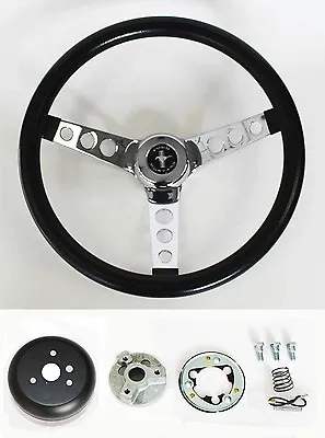 New 1965-1969 Mustang Black Steering Wheel 14 1/2  With Chrome Spokes & Horn Kit • $129.96