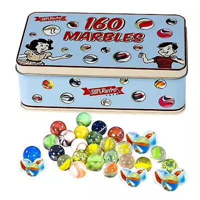 Traditional Classic Retro Glass Marbles In A Tin 160pcs Game Assorted Colour • £8.79