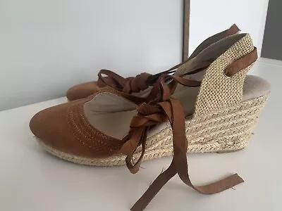 Monsoon Tan Faux  Suede  Espadrille  Ankle Tie  Wedges Size 41/8 • £12.99