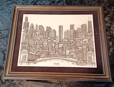 Chicago City Skyline - Vintage Etched Marble Art - D. Larson - FRAMED • $999.99