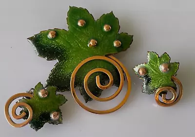 Vintage Matisse Renoir Brooch & Earrings Set Signed  Copper & Enamel Leaves • $45