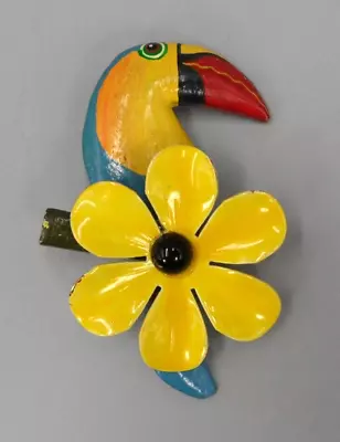 Vintage Bird & Flower Brooch Colorful Hand Painted Toucan Enamel Daisy 3.25  • $12