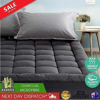 Bamboo Fibre Pillowtop Mattress Topper Protector 1000gsm Luxury Bedding Underlay • $62.18