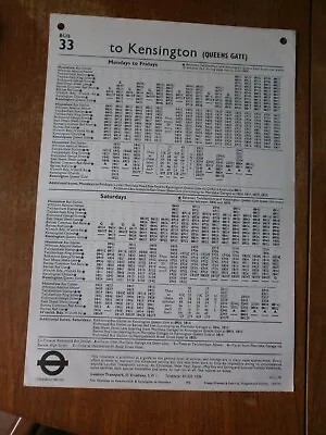 London Transport Bus Stop Timetable Panel-Route 33 1979 • £1.50