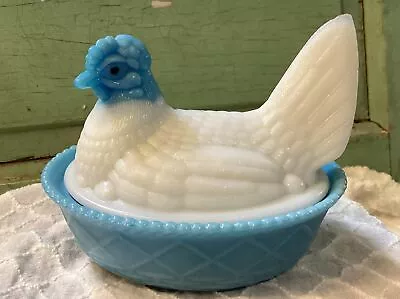 Vintage Milk Glass Hen On Nest Glass Blue Nest White Hen With Blue Head • $55