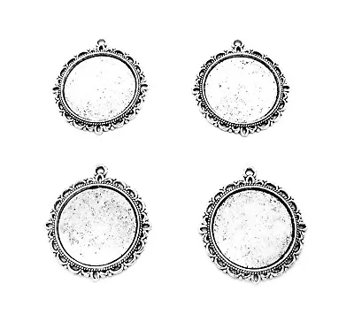 4 Ant. Silver Tone 25mm Round VERSAILLES CAMEO Costume PENDANTS Frame Settings • $2.89