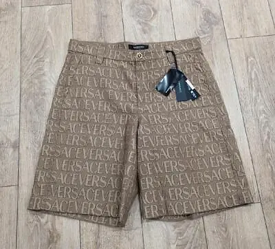 $1450 Mens Versace Allover Jacquard Techno Canvas Shorts Brown/Beige 52 US 36 • $403.25