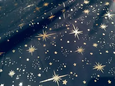 BLACK Silk Taffeta Fabric Material Gold Star Foil Water Resistant - 150cm Wide • £6.99