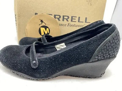 Merrell Womens Black Suede Mary Jane Slip On Wedge Heels Shoes Size 7.5 7 1/2 • $22