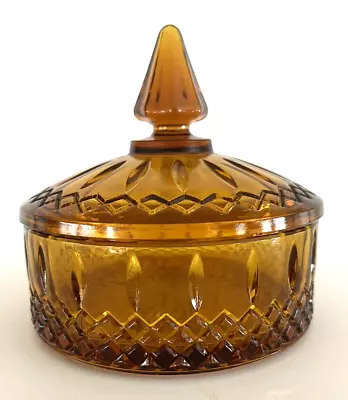 Vintage Indiana Glass Amber Covered Candy Dish Diamond Point Princess Cut • $19