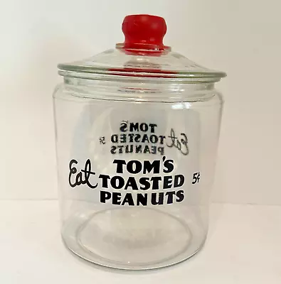 Vintage Counter Top Eat Tom's Toasted Peanuts Glass Jar 5 Cents Embossed Red Lid • $94.99