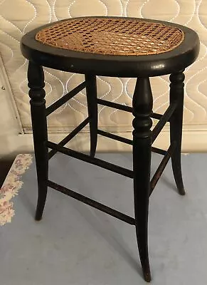 Primitive Country Farmhouse Vintage Wood Caned Seat 22”H Stool Orig Black Paint • $125
