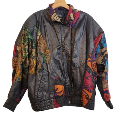 $97.49 • Buy Vintage Pelle Multicolor Floral Black Leather Jacket Unisex M Read Desc Flaw