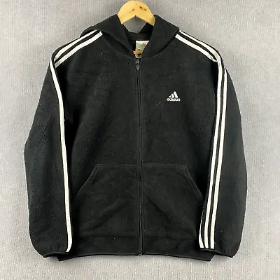 Adidas Fleece Jacket Full Zip Hooded Men's S Black Striped Sleeves Pockets • $21.21