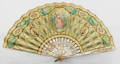 Antique Mother Of Pearl And Hand Painted Paper Signed Hand Fan  • $355