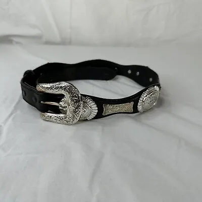 Tony Lama 7183L Kids 28 Texas Belt Black Leather Scalloped Silver Tone Concho • $34.99