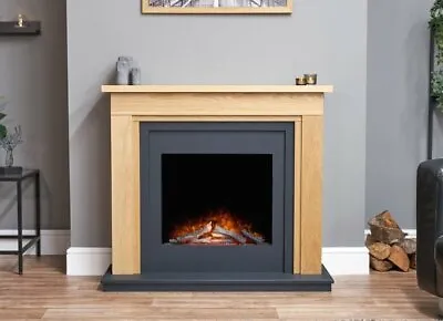 Electric Fire Oak Wood Fireplace Modern Dark Grey Surround Led Logs Remote Suite • £625.75