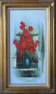 Vintag Original Oil Painting  Red Flowers Roses In Vase Signed Framed • $70