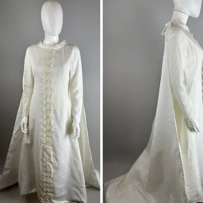 Vtg 60s Off White Ribbed Mod Wedding Dress Modest Renaissance Cape Train Small • $320.34