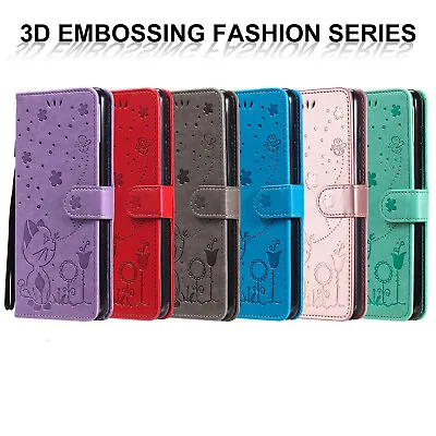 For Samsung A20 A50 A10 A20E A8 Cat Embossing PU Leather Wallet Case Phone Cover • $14.29